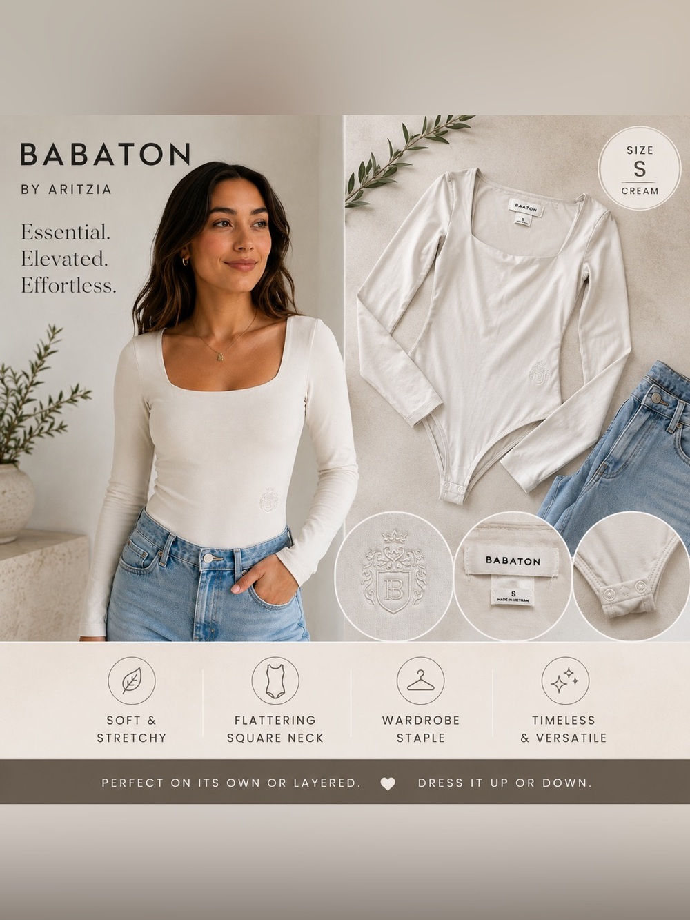 Babaton Cream Long-Sleeve Square-Neck Bodysuit with Subtle Crest
